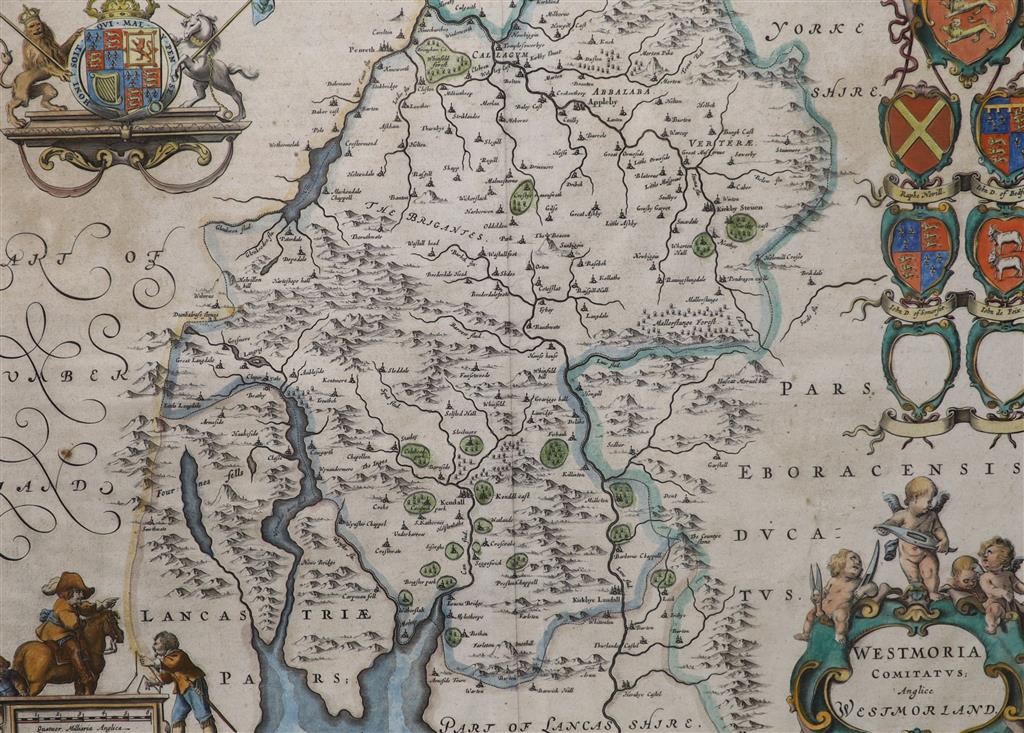 Jan Blaeu, two coloured engravings, Maps of Cumbria and Westmoria, overall 49 x 58cm